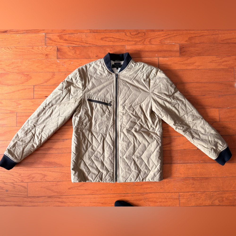 rag & bone Quilted Bomber Jacket in Light Tan with Black Trim